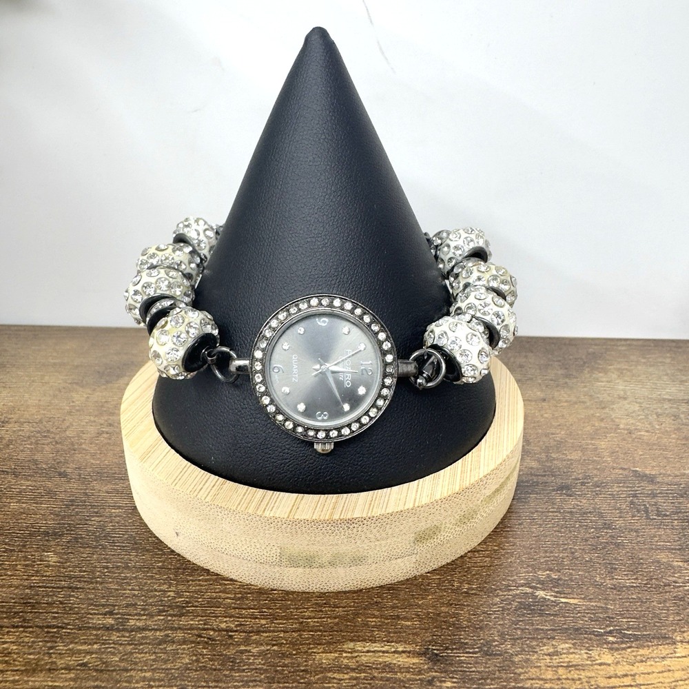Figaro Couture Watch 22mm Gray-tone Rhinestone Charm Adjustable New-Battery
